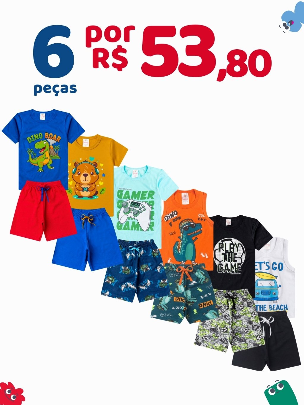 Kit 6 Peças Roupa Infantil Menino Verão Conjunto Masculino Criança 3 Camisetas + 3 Bermudas