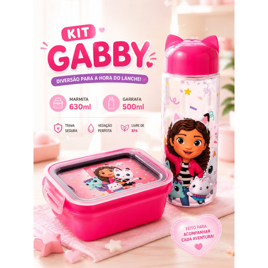 Kit Lanche Infantil Gabby Original | Marmita 630ml + Garrafa 500ml BPA Free com Trava