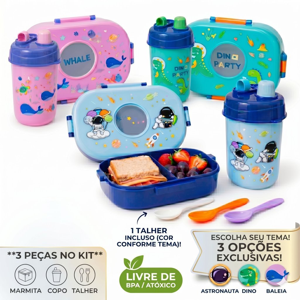 Kit Lancheira Escolar Infantil 3 Peças – Marmita com Divisórias, Copo e Talher