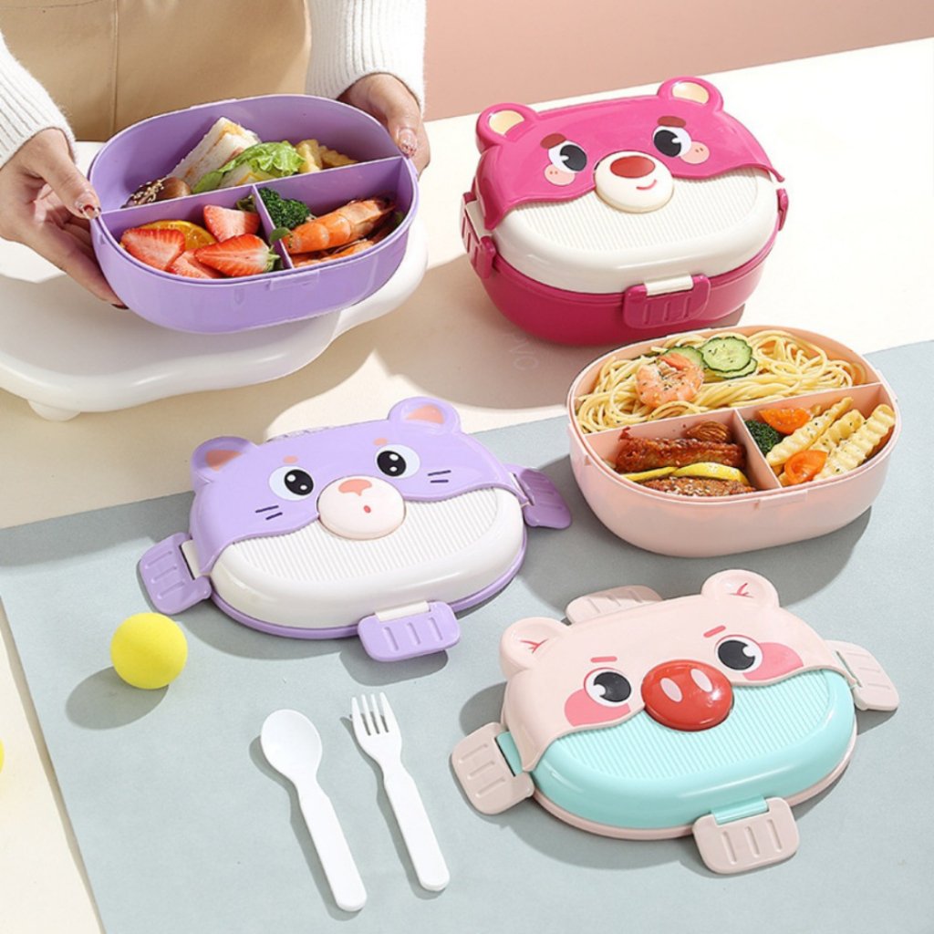 Marmita Bento Infantil Urso Lotso e Gato 1350ml com Divisórias, Pote e Talher – Lancheira Escolar