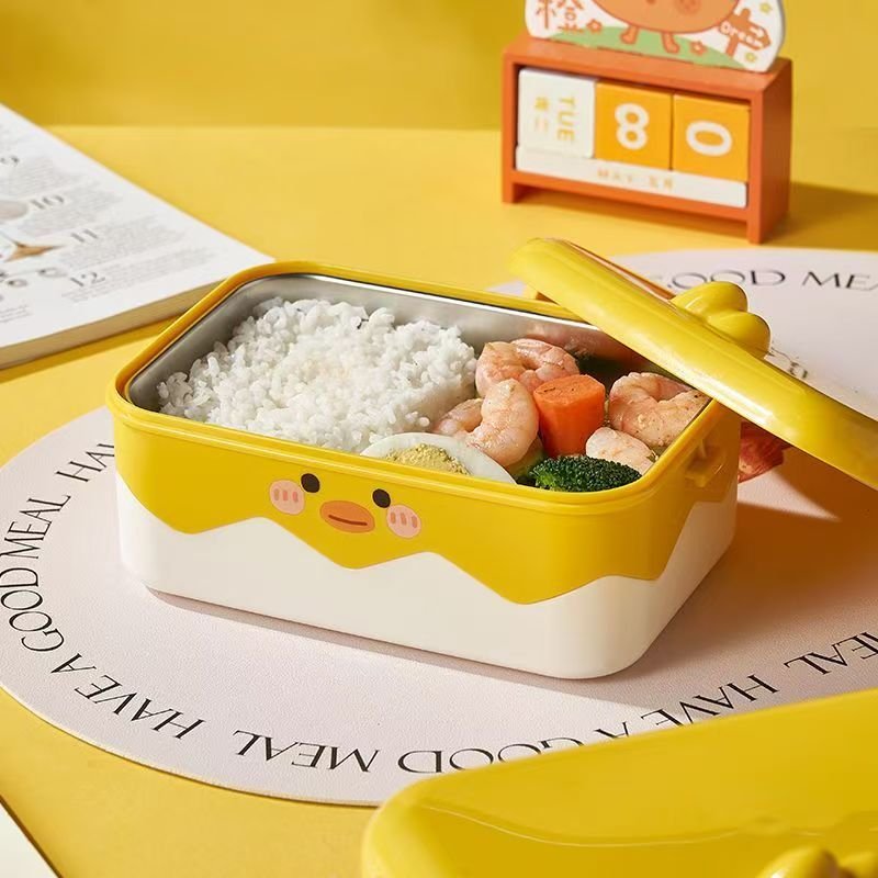 Marmita Infantil Pato Amarelo Aço Inoxidável com Divisória, Livre de BPA para Lanche Escolar Infantil