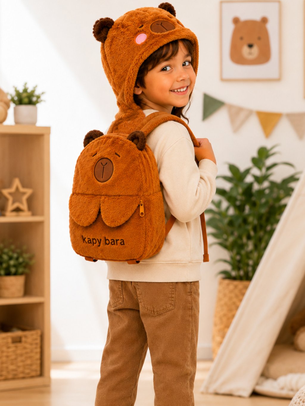 Mochila Divertida Infantil Com Capuz Casual E Escolar E Passeio Desenho De Capivara Pelúcia Bolsa