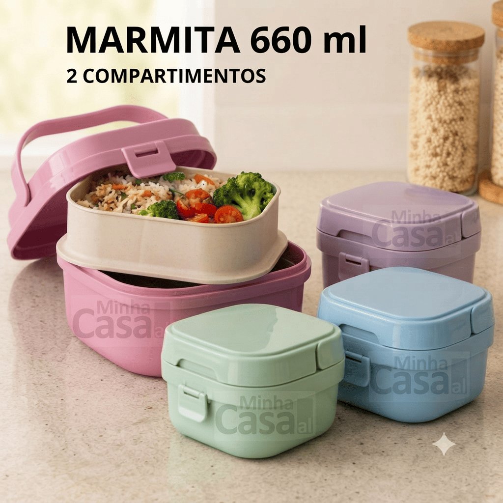 Pote Hermético Marmita Fit Com Alça e Divisórias Prática Plasvale Adulto e Infantil