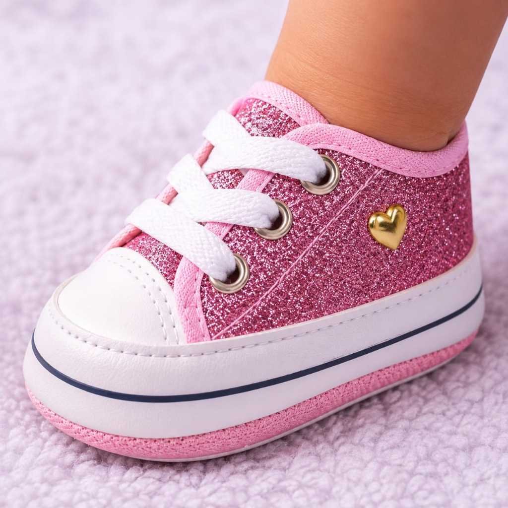 Tênis Infantil Para Menina Starzinho Glitter Sapatinho Para Bebê Menina Coração Recém Nascido